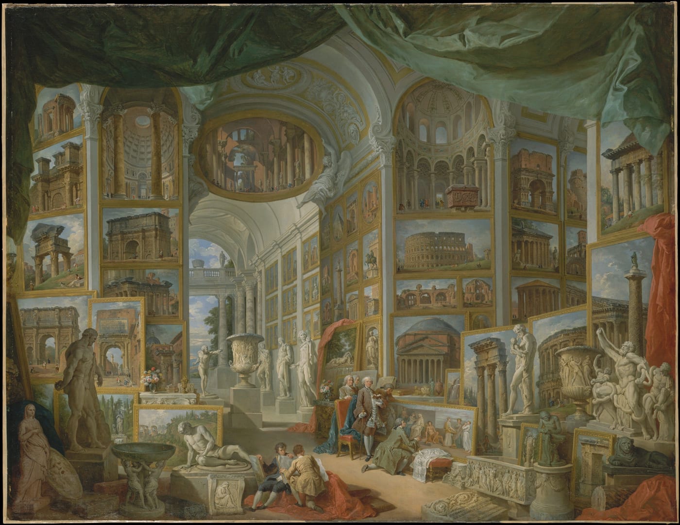 Painting of a grand gallery hung floor to ceiling with paintings of Roman ruins, with ancient sculpture and visitors