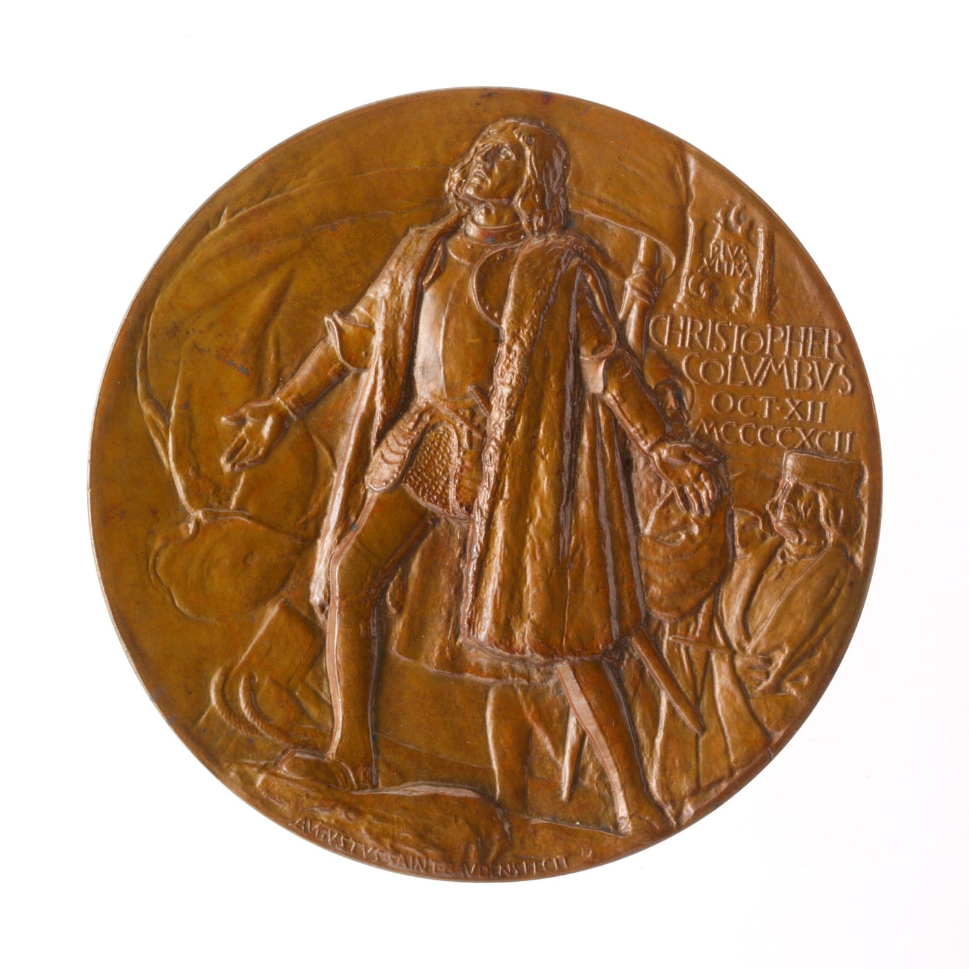 Bronze medal showing Columbus stepping ashore, holding a banner