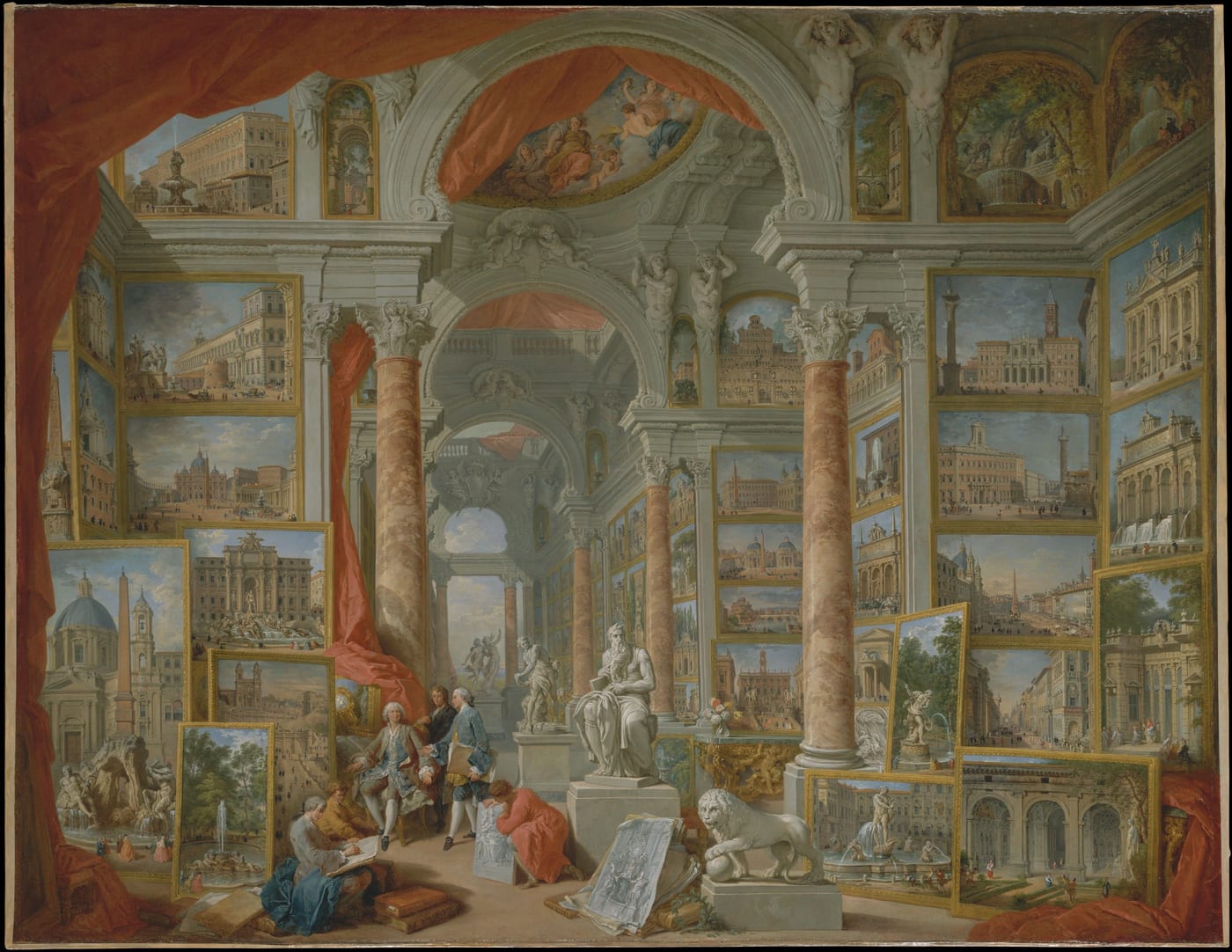 Painting of a grand gallery hung with views of the churches and fountains of eighteenth century Rome, with visitors studying them