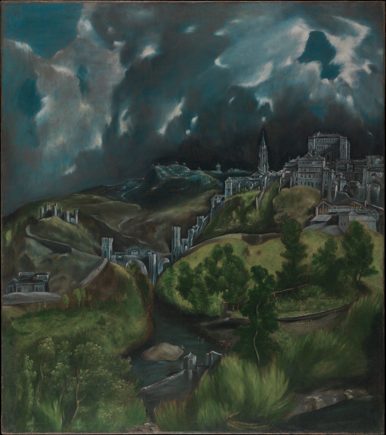 Stormy green and blue landscape with the city of Toledo on a hill under dark clouds
